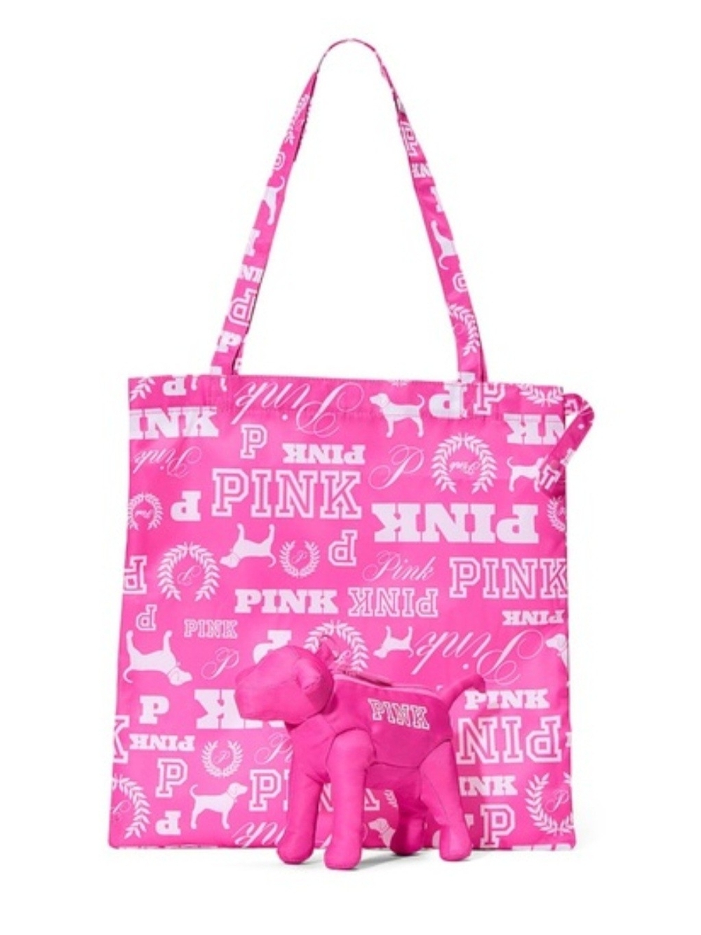 PINK Victoria's Secret Hot Pink Logo Print Tote with Dog Body Storage/Charm